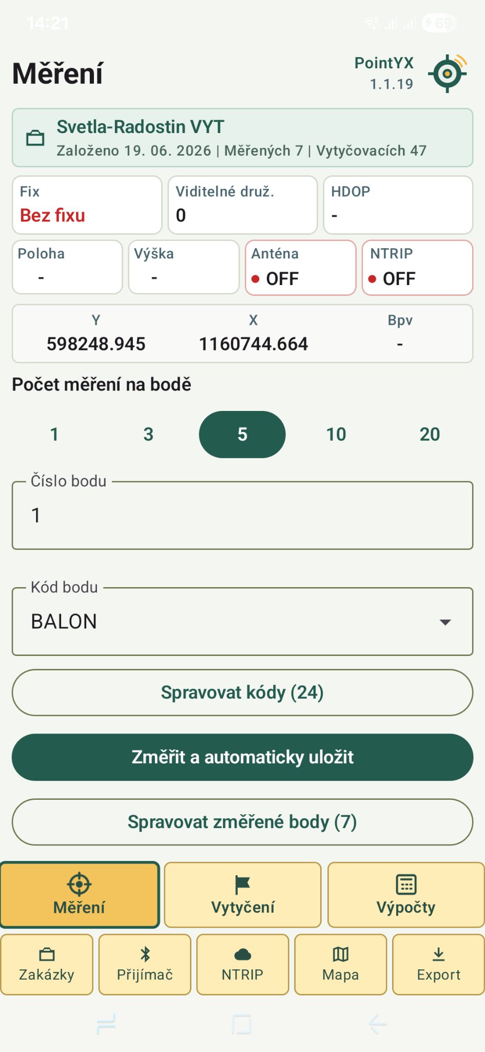 Obrazovka měření v aplikaci PointYX